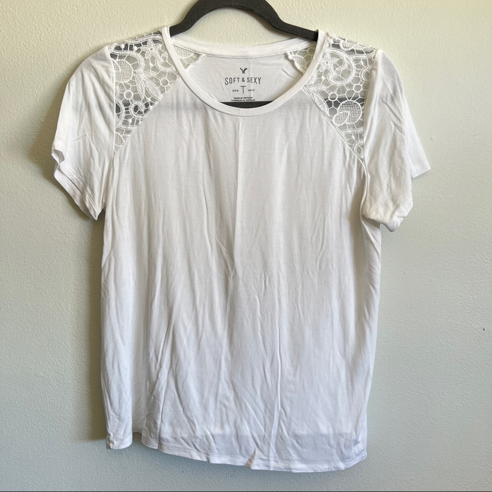 American Eagle | Lace Shoulder Tee - White